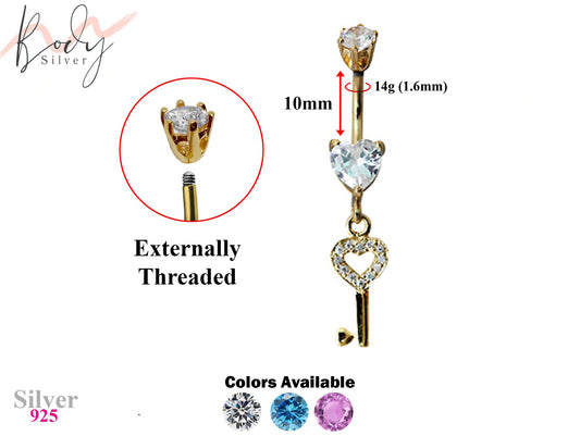 Gold Plated Heart Key Silver Belly Bar with CZ Crystals - Designer Belly Button Rings - Navel Ring - 14g (1.6mm) Length is 10mm