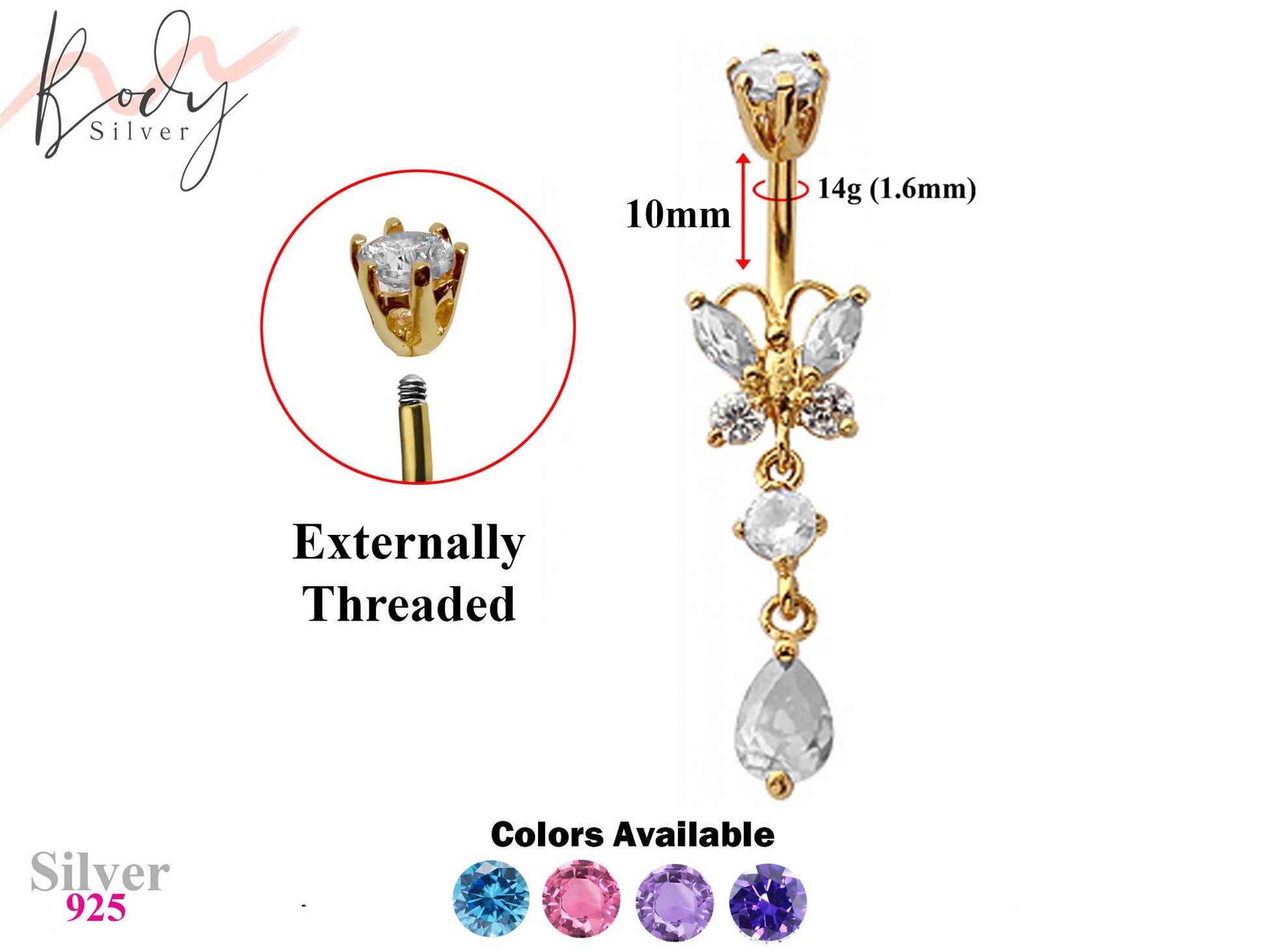 Gold Plated Butterfly Silver Belly Bar with Crystals - Designer Belly Button Rings - Navel Ring - 14g (1.6mm) Length is 10mm