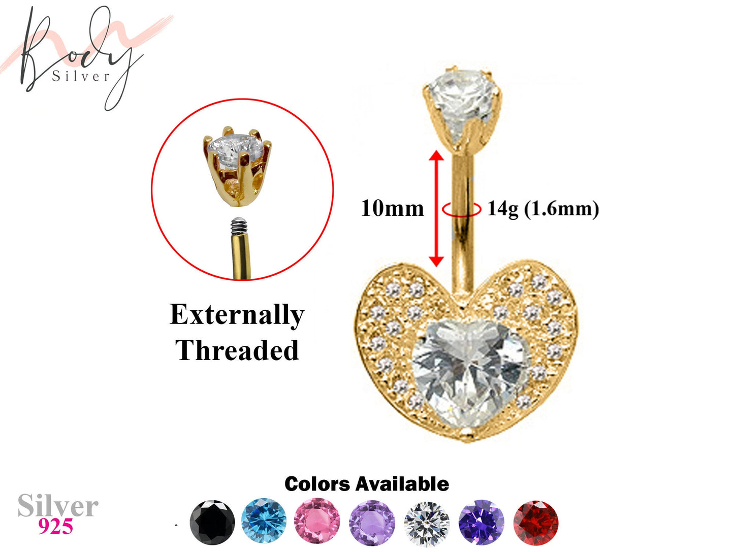 Gold Plated Open Heart Belly Rings with CZ Crystals - Designer Belly Button Rings - Navel Ring - 14g (1.6mm) Length is 10mm