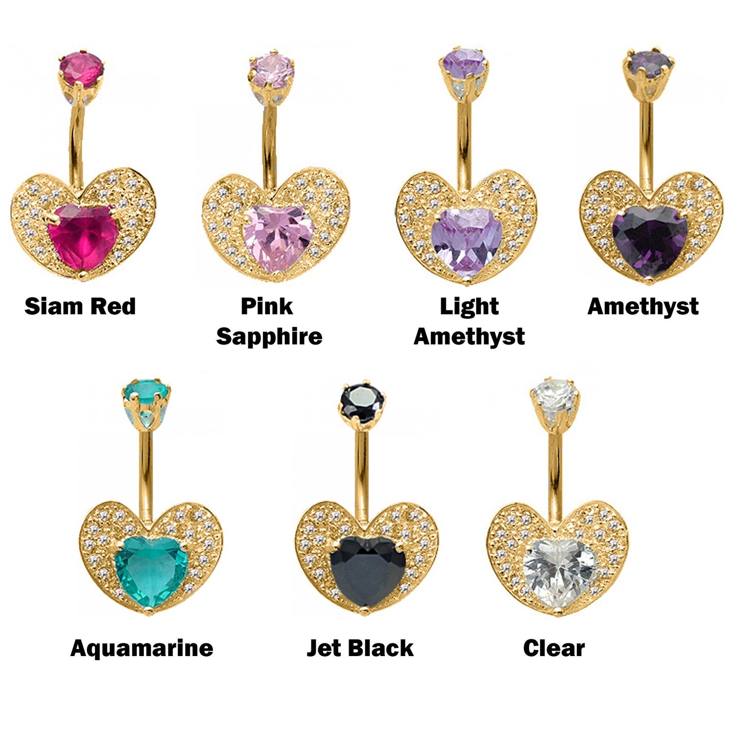 Gold Plated Open Heart Belly Rings with CZ Crystals - Designer Belly Button Rings - Navel Ring - 14g (1.6mm) Length is 10mm