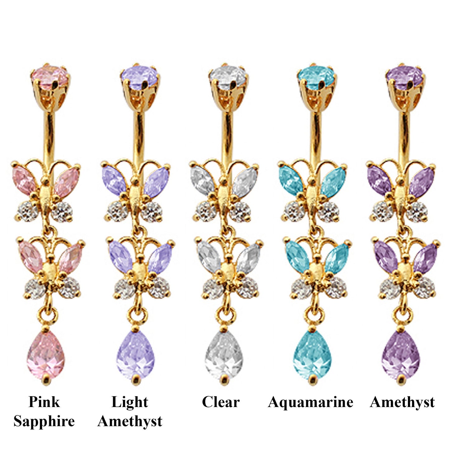 Gold Plated Double drop Butterfly Belly Rings with CZ Crystals - Designer Belly Button Rings - Navel Ring - 14g (1.6mm) Length is 10mm