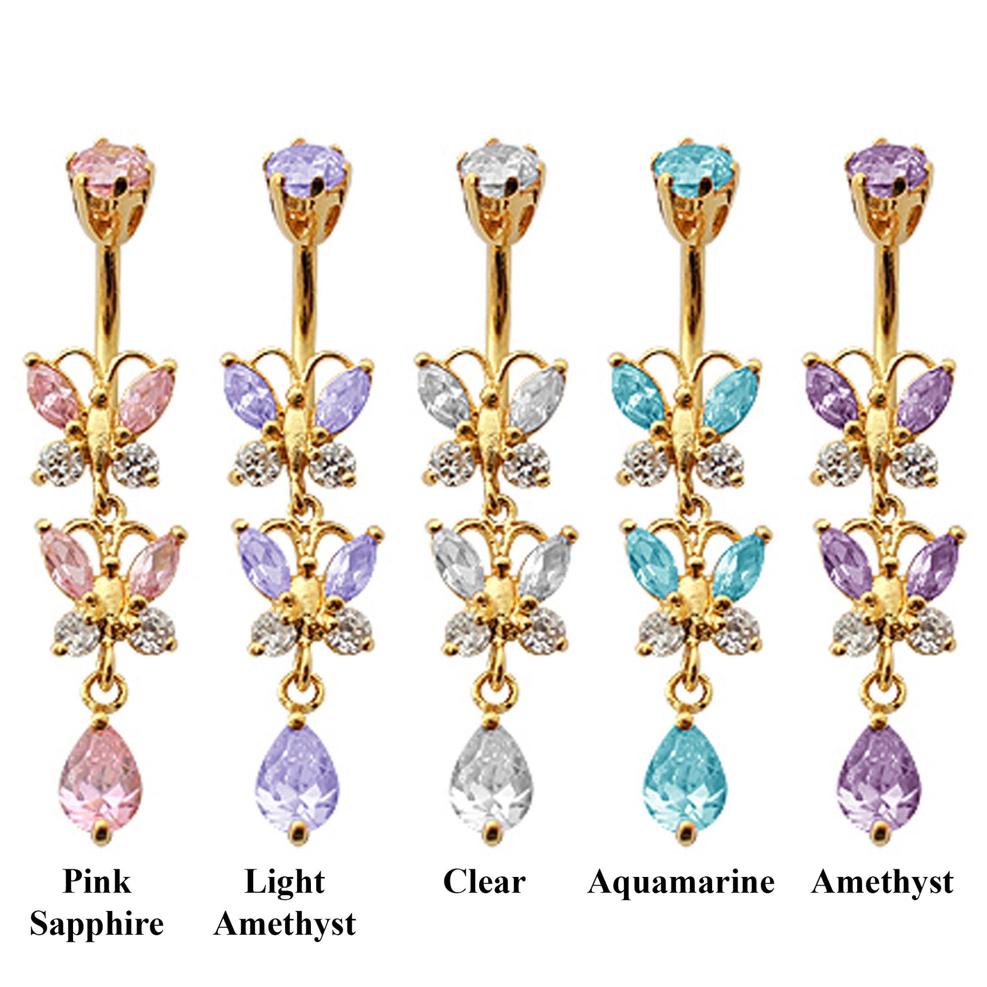 Gold Plated Double drop Butterfly Belly Rings with CZ Crystals - Designer Belly Button Rings - Navel Ring - 14g (1.6mm) Length is 10mm