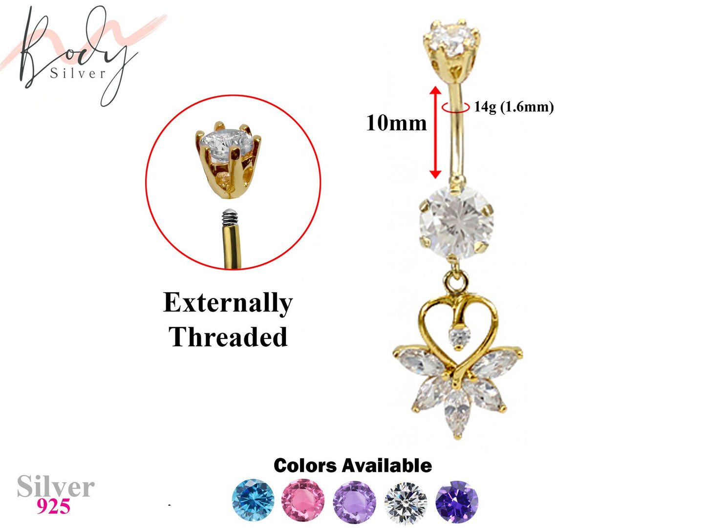 Gold Plated Dangle Flower Heart Belly Rings with CZ Crystals - Designer Belly Button Ring - Navel Ring - 14g (1.6mm) Length is 10mm