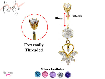 Gold Plated Dangle Flower Heart Belly Rings with CZ Crystals - Designer Belly Button Ring - Navel Ring - 14g (1.6mm) Length is 10mm