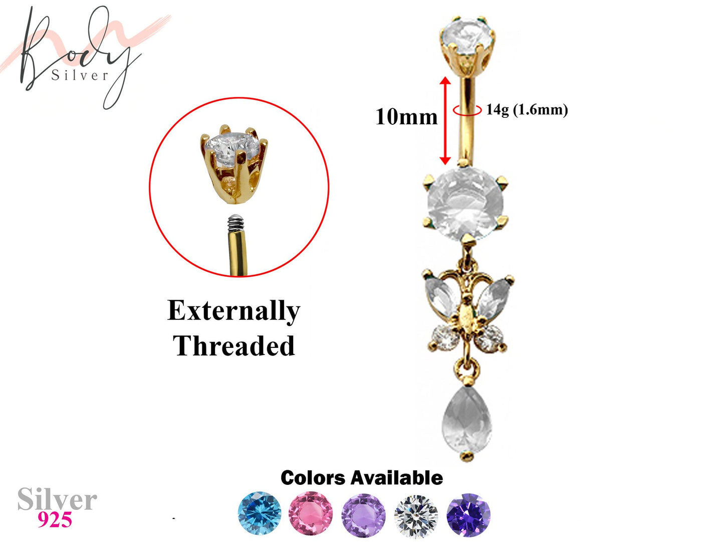 Gold Plated Butterfly Teardrop Belly Rings with CZ Crystals - Designer Belly Button Rings - Navel Ring - 14g (1.6mm) Length is 10mm