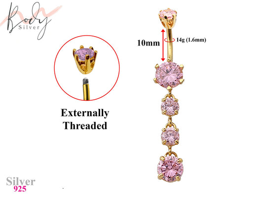 Gold Plated Dangle Luxury Belly Bar with CZ Crystals - Designer Silver Belly Button Rings - Navel Ring - 14g (1.6mm) Length is 10mm