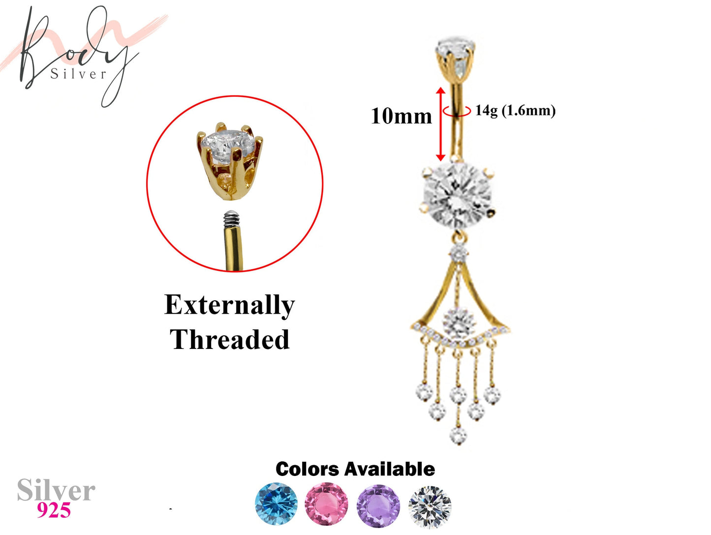 Gold Plated Chandelier Drop Dangle Belly Bars with CZ Crystals - Designer Belly Button Rings - Navel Ring - 14g (1.6mm) Length is 10mm