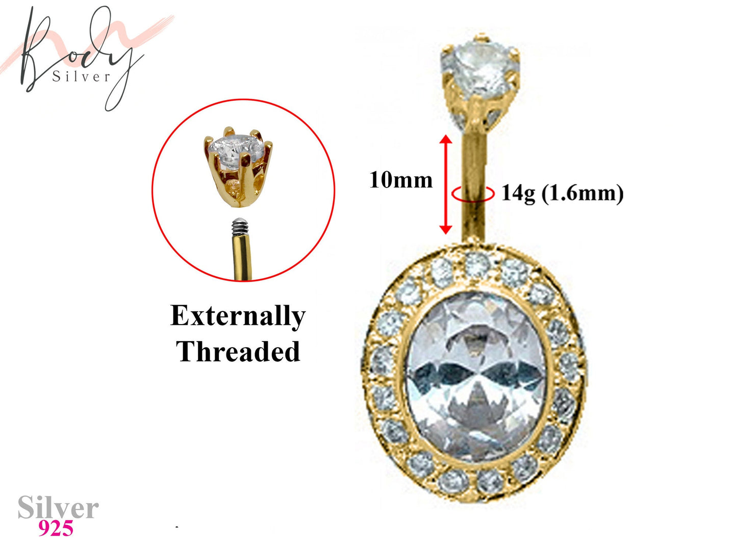 Gold Plated Oval Cut Crystal Belly Rings with studded CZ Crystals - Designer Belly Button Ring - Navel Ring - 14g (1.6mm) Length is 10mm