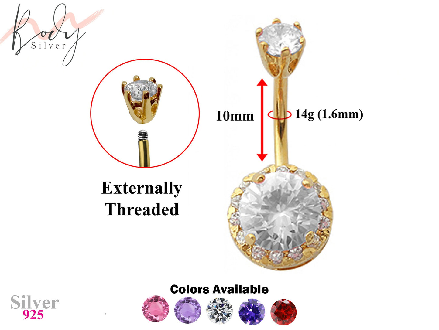 Gold Plated Round Design Belly Rings studded with CZ Crystals - Designer Belly Button Rings - Navel Ring - 14g (1.6mm) Length is 10mm