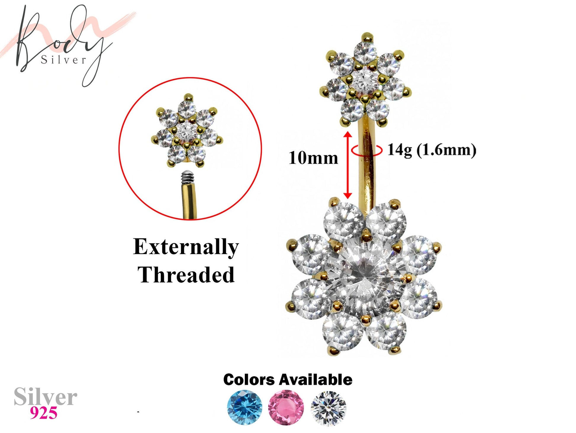 Gold Plated Double Flower Design Belly Rings with CZ Crystals - Designer Belly Button Bars - Navel Ring - 14g (1.6mm) Length is 10mm