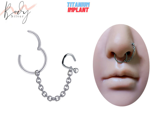 Segment Ring Septum Clicker Nose Jewelry Sets with Link Chain to Nostril Piercing - Nose Piercing with CZ Crystal - 2pcs Piercing and Chain