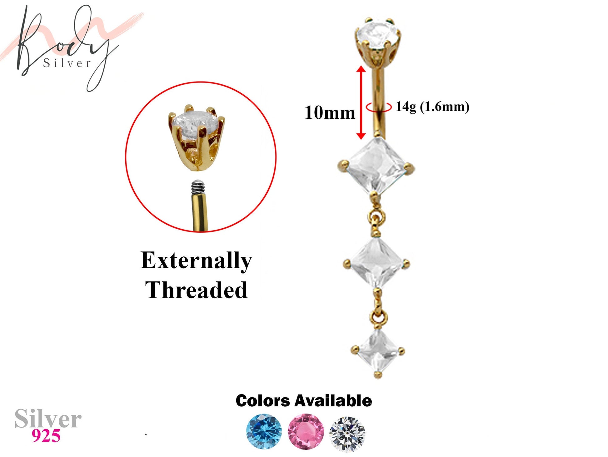 Gold Plated Double Flower Drop Belly Bars with CZ Crystals - Designer Belly Button Ring - Navel Ring - 14g (1.6mm) Length is 10mm