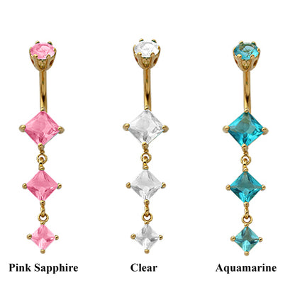 Gold Plated Double Flower Drop Belly Bars with CZ Crystals - Designer Belly Button Ring - Navel Ring - 14g (1.6mm) Length is 10mm