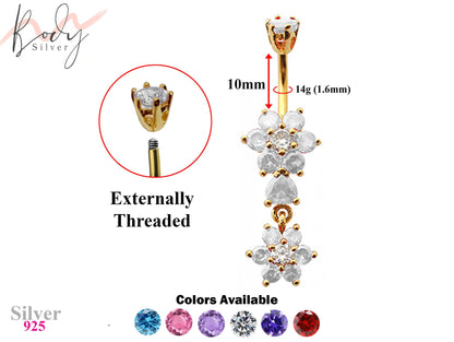 Gold Plated Double Flower Drop Belly Bars with CZ Crystals - Designer Belly Button Ring - Navel Ring - 14g (1.6mm) Length is 10mm