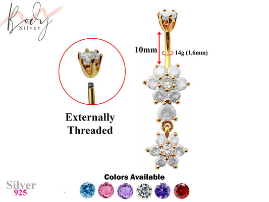 Gold Plated Double Flower Drop Belly Bars with CZ Crystals - Designer Belly Button Ring - Navel Ring - 14g (1.6mm) Length is 10mm