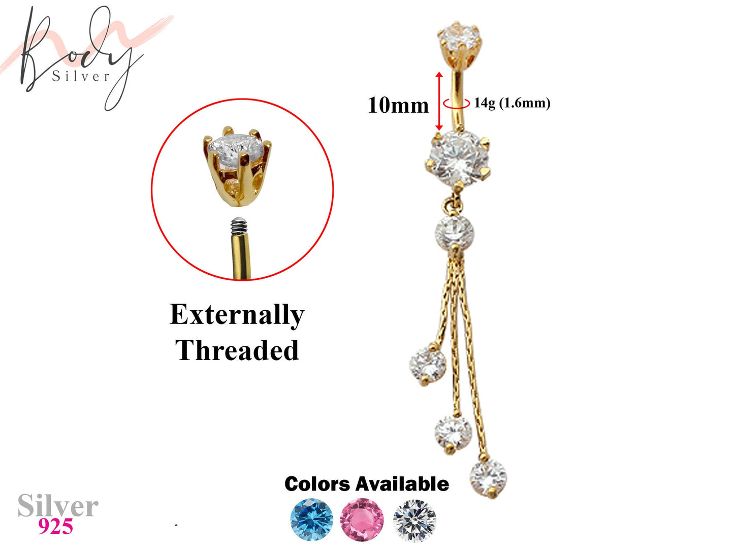 Gold Plated Round Dangle Chain Belly Bar with Crystals - Designer Silver Belly Button Rings - Navel Ring - 14g (1.6mm) Length is 10mm