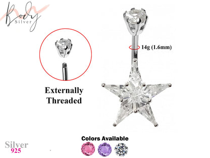 Designer Belly Bars - Silver - Stars Belly Ring with CZ Crystals - Belly Button Ring - 14g (1.6mm) Length 8mm to 10mm