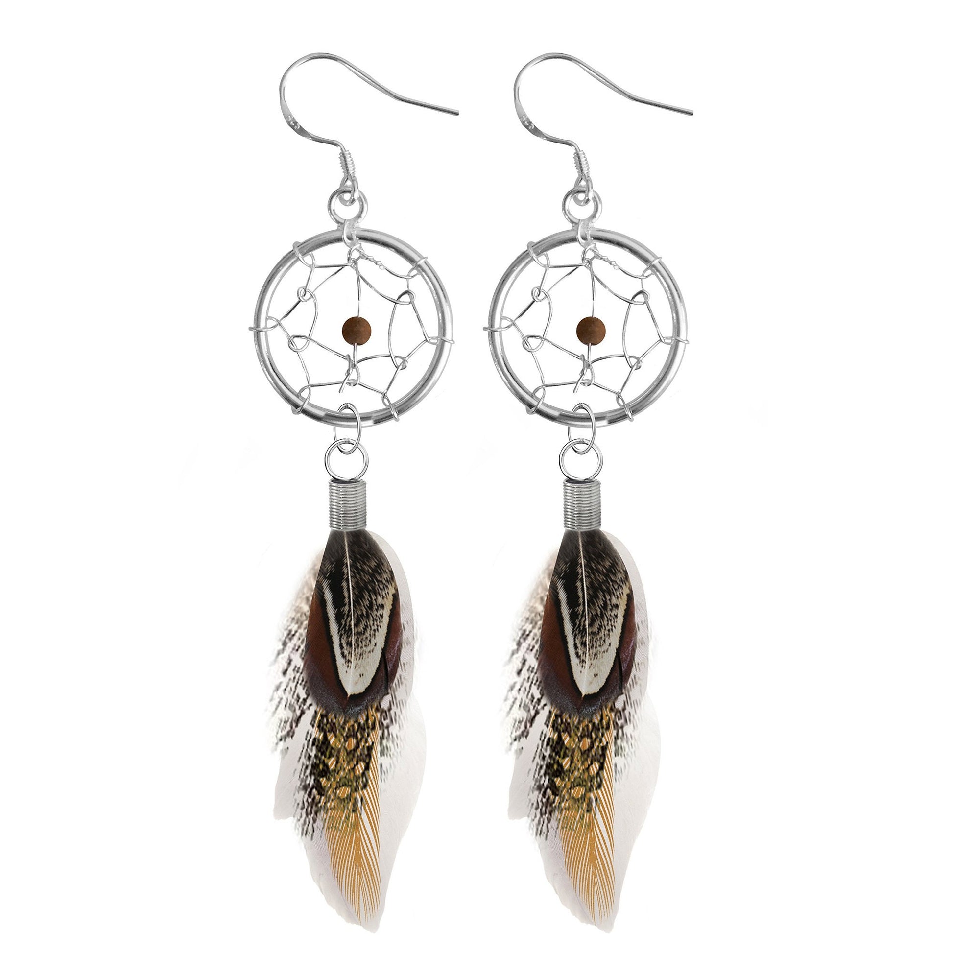 Dangle Earrings, Feather Hook Earring with Natural Stone Turquoise Silver Dreamcatchers - Fashion Jewelry