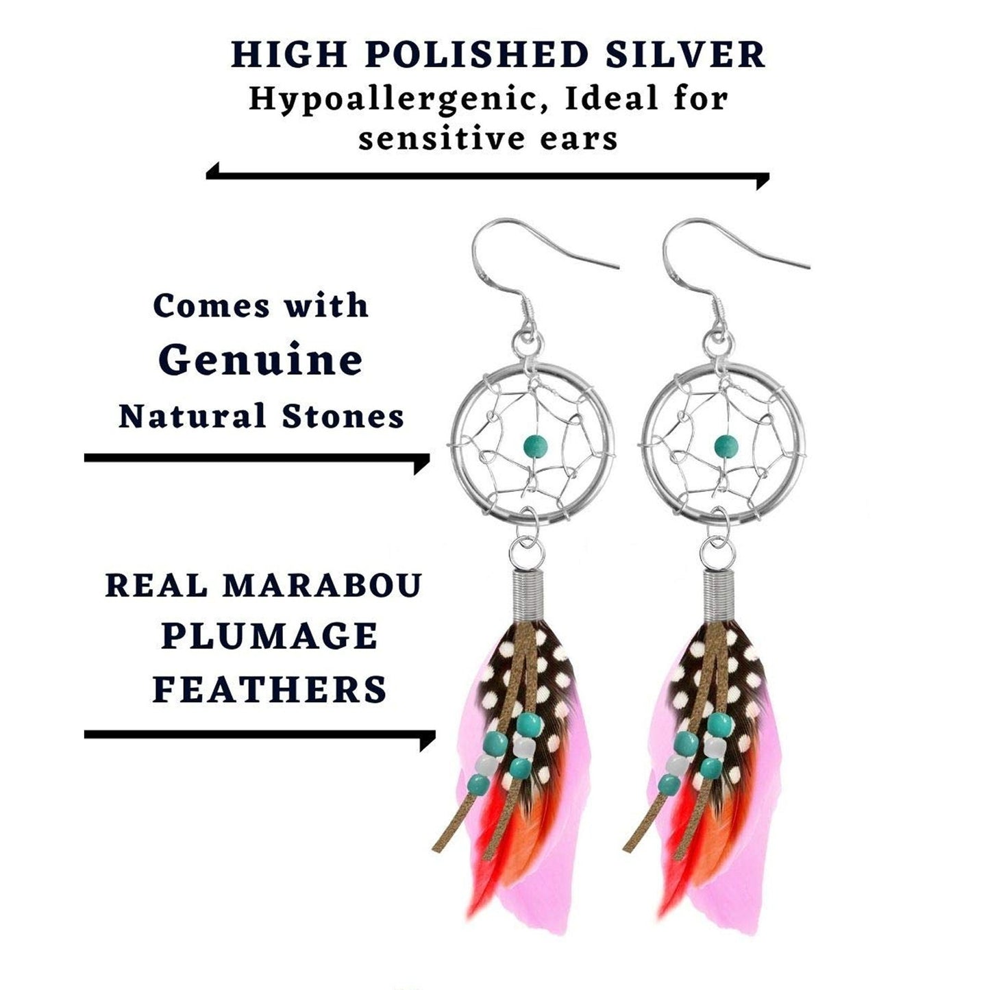 Dangle Earrings, Feather Hook Earring with Natural Stone Turquoise Silver Dreamcatchers - Fashion Jewelry