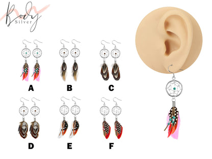 Dangle Earrings, Feather Hook Earring with Natural Stone Turquoise Silver Dreamcatchers - Fashion Jewelry