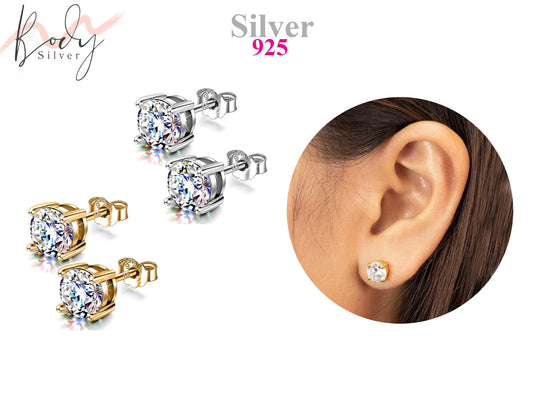 Round Stud Solitaire Crystal Earring - Silver Prong Set Earrings with Butterfly Post stamp - Shines like Diamond - Available in Gold Plating