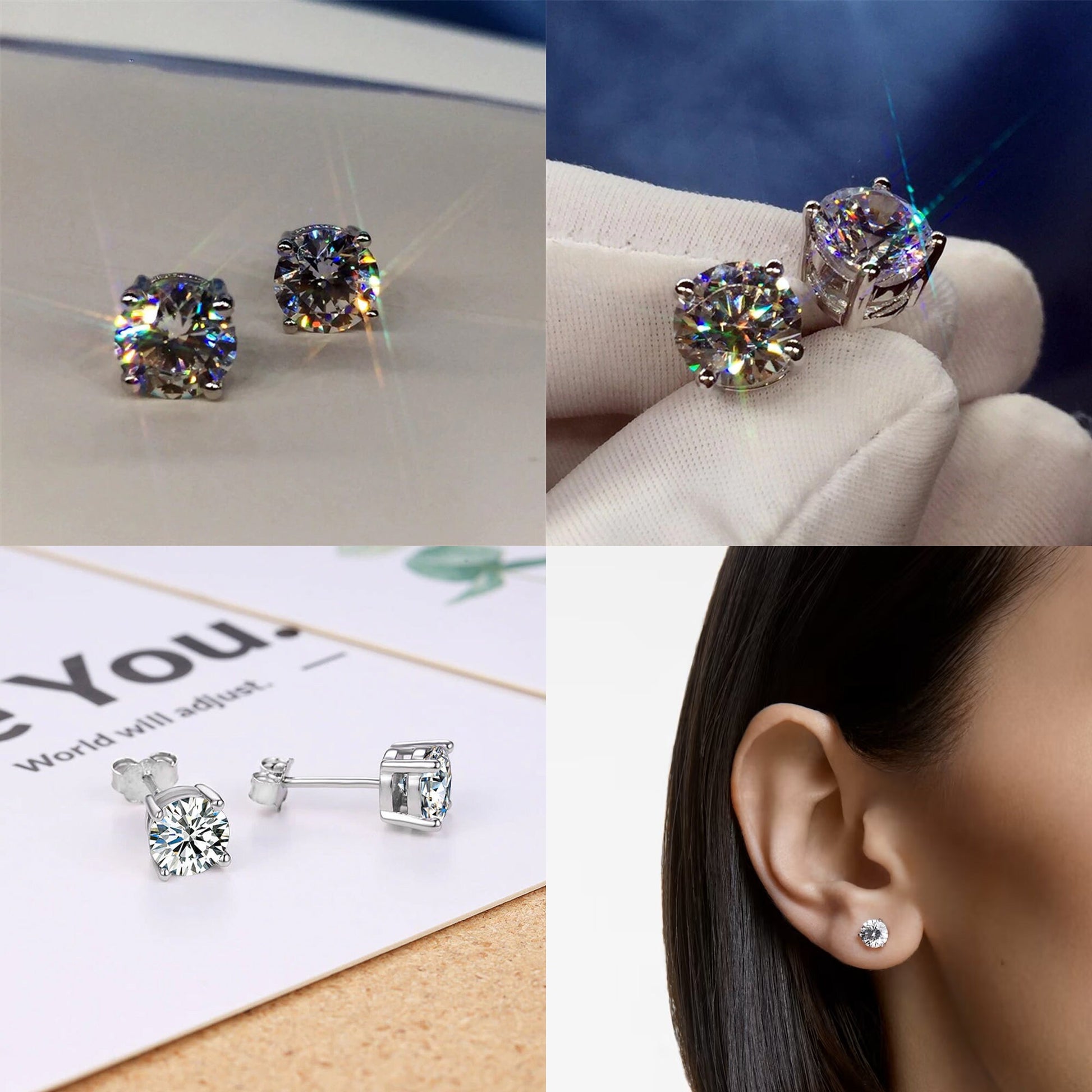 Round Stud Solitaire Crystal Earring - Silver Prong Set Earrings with Butterfly Post stamp - Shines like Diamond - Available in Gold Plating