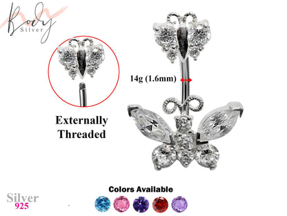 Silver Belly Button Rings, Navel Piercing Double Butterfly Belly Piercing with High Quality Crystals Navel Jewelry 14g(1.6mm)