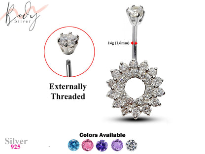 Silver Belly Button Rings, Navel Piercing - Floral Belly Bar with Center Hole and CZ Crystals - Navel Jewelry - 14g (1.6mm)