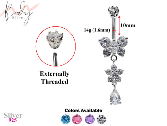 Silver Belly Button Piercing, Belly Bars - Butterfly and tear drop dangle Belly Ring with CZ Crystals Navel Ring 14g (1.6mm) Length is 10mm