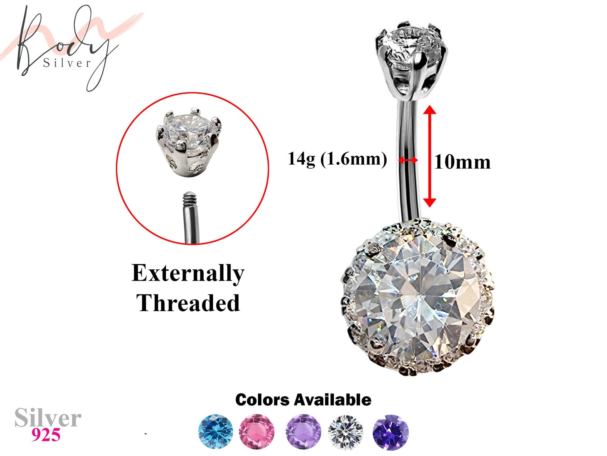 Silver Belly Button Piercing, Belly Bars - Round Belly Ring Studded with Quality CZ Crystals - Navel Ring - 14g (1.6mm) Length is 10mm