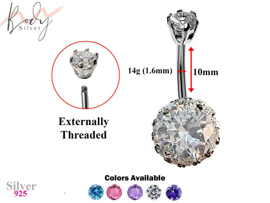 Silver Belly Button Piercing, Belly Bars - Round Belly Ring Studded with Quality CZ Crystals - Navel Ring - 14g (1.6mm) Length is 10mm