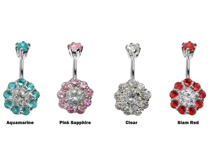 Silver Belly Bars, Belly Piercing - Flower Belly Button Ring with High Quality CZ Crystals - Navel Jewelry - 14g (1.6mm) Length is 10mm