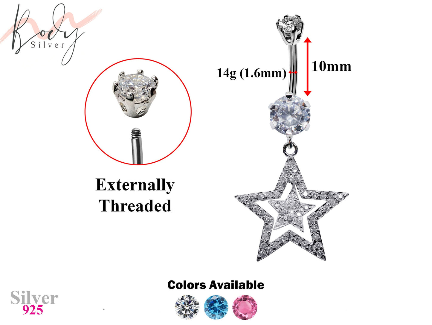 Silver Belly Bars, Belly Piercing - Double Star Belly Button Ring with High Quality CZ Crystals - Navel Jewelry - 14g (1.6mm) Length is 10mm