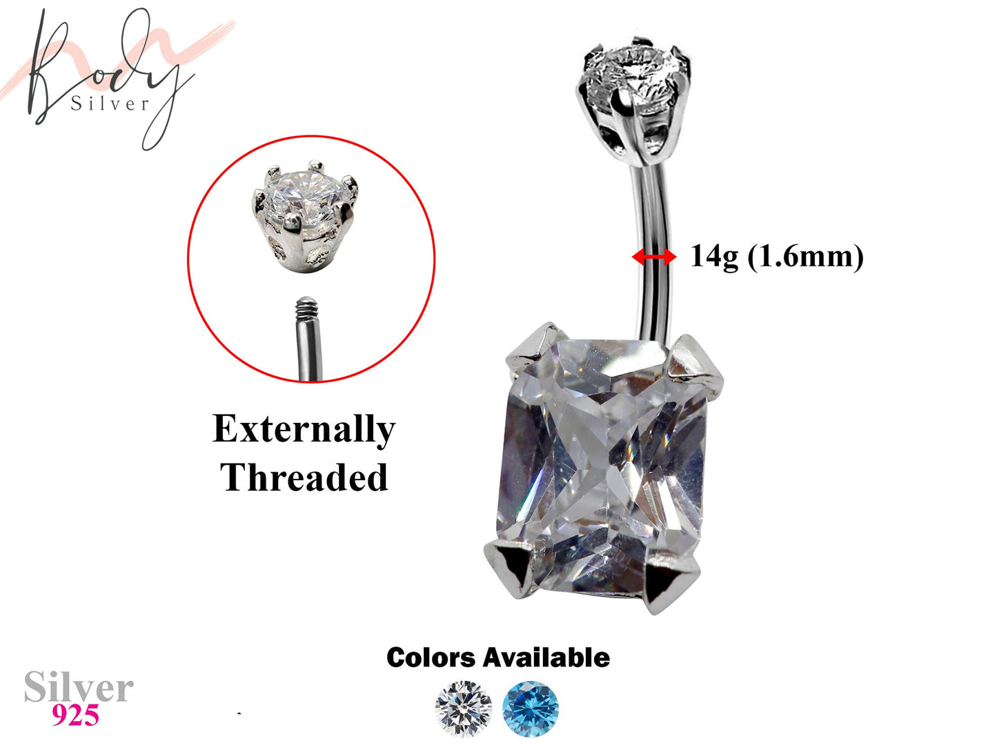 Silver Belly Bars, Navel Ring - Square Shape Belly Piercing with CZ Crystals - Navel Jewelry - 14g (1.6mm) Length 8mm to 12mm