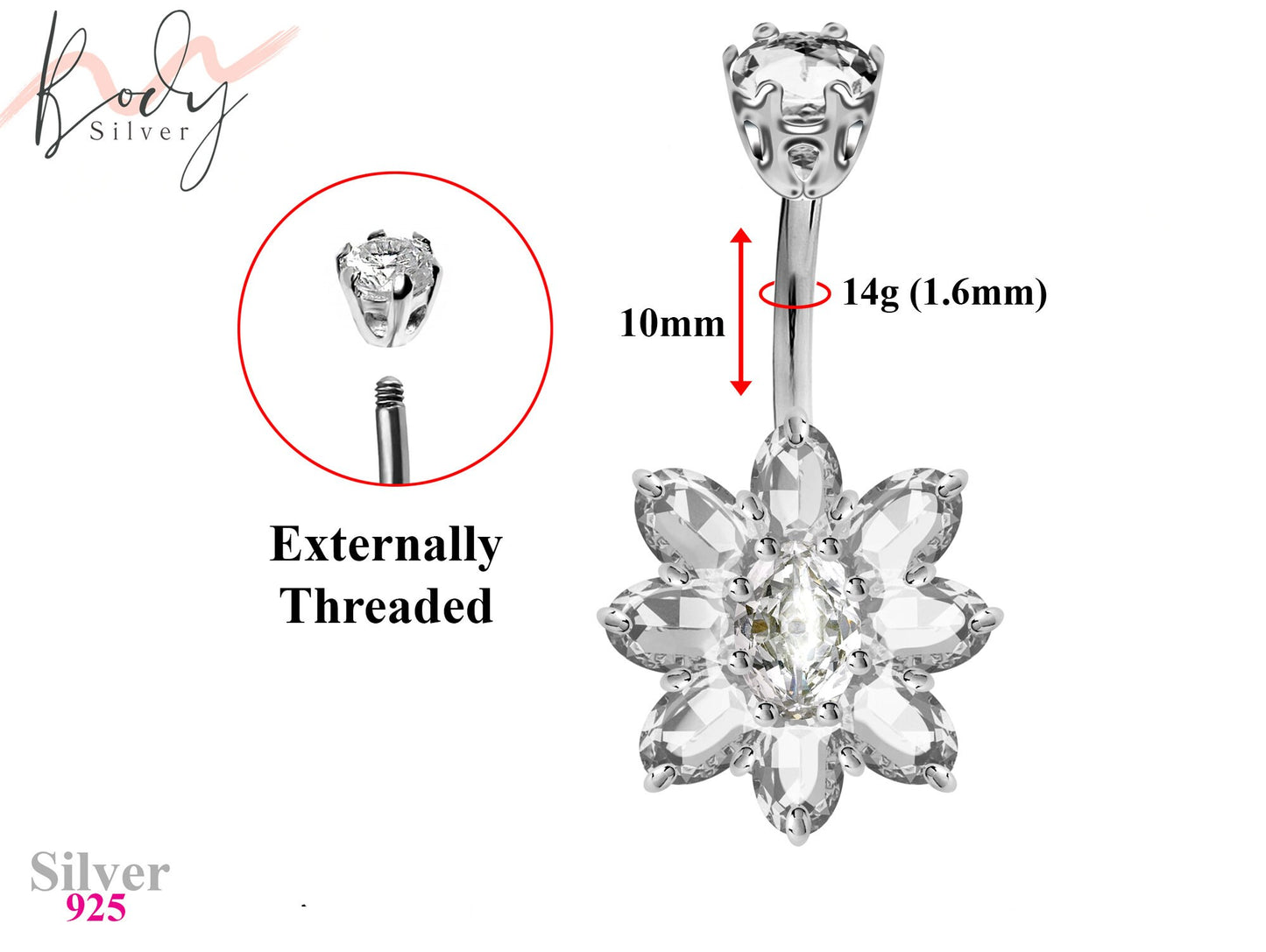 Flower Belly Bar, Belly Rings Navel Piercing - Designer Belly Bars - Silver - Belly Button Ring - 14g (1.6mm) Length is 10mm