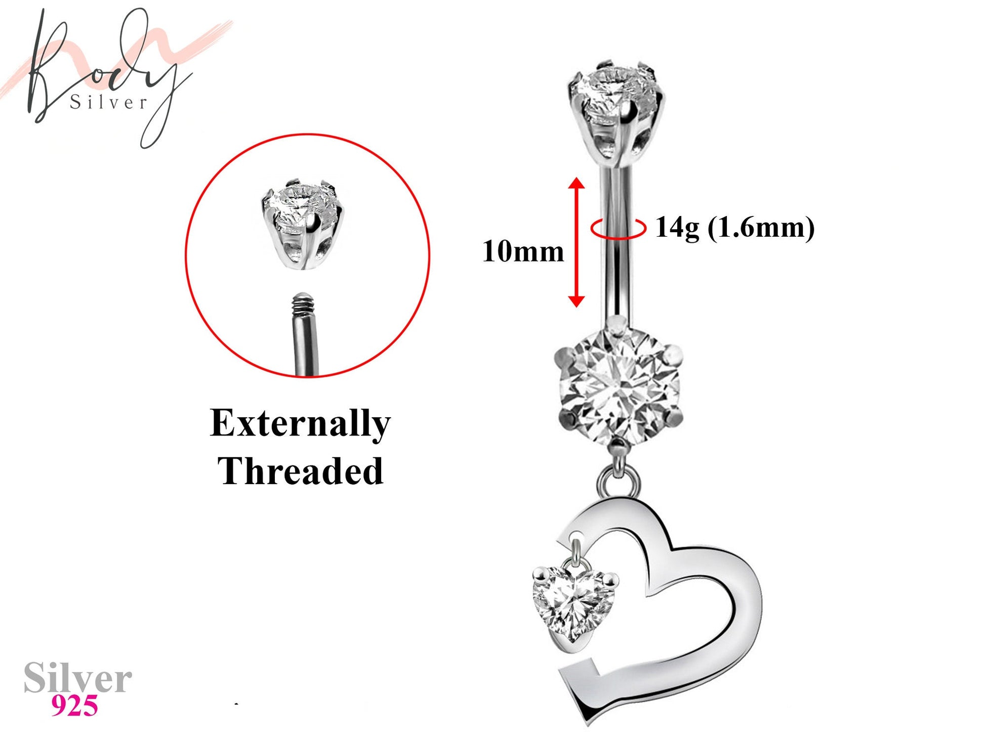 Belly Button Piercing Ring - Silver - Cute Heart Dangle Design Belly Ring with CZ Crystals - Belly Bar - 14g (1.6mm) Length is 10mm