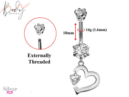 Belly Button Piercing Ring - Silver - Cute Heart Dangle Design Belly Ring with CZ Crystals - Belly Bar - 14g (1.6mm) Length is 10mm