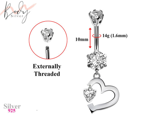 Belly Button Piercing Ring - Silver - Cute Heart Dangle Design Belly Ring with CZ Crystals - Belly Bar - 14g (1.6mm) Length is 10mm