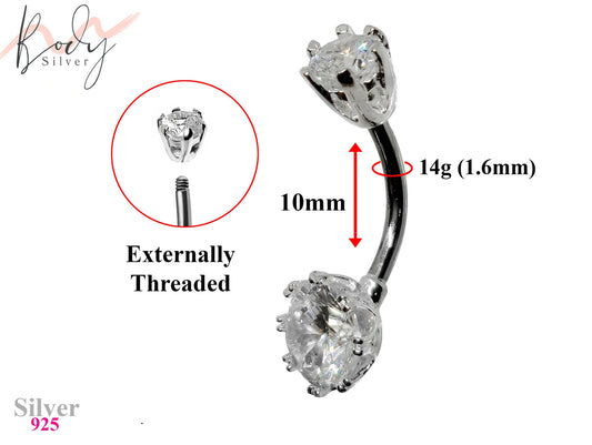 Cute Round Belly Bar, Belly Rings with Center Crystals - Designer Belly Bars - Silver - Belly Button Ring - 14g (1.6mm) Length is 10mm