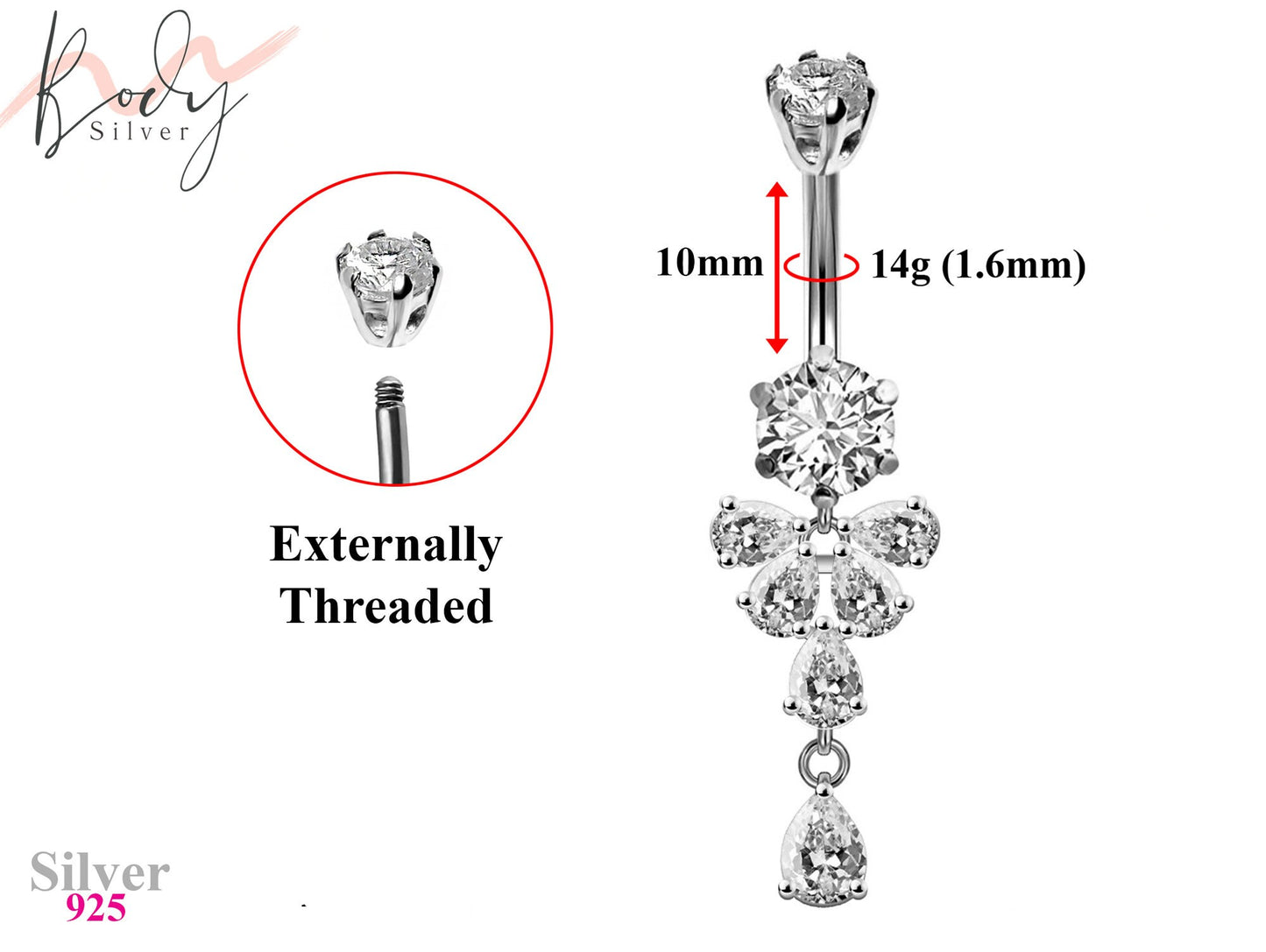 Designer Belly Bars - Silver - Butterfly drop Design Belly Rings with CZ Crystals - Belly Button Ring - 14g (1.6mm) Length is 10mm