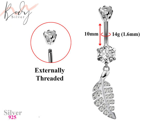 Designer Belly Bars - Silver - Leaves Design Belly Rings studded with CZ Crystals - Belly Button Ring - 14g (1.6mm) Length is 10mm