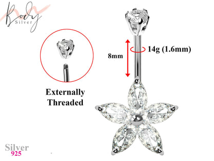 Designer Belly Rings - Silver - Hawaiian Flower Belly Bars with CZ Crystals - Belly Button Ring - 14g (1.6mm) Length is 8mm