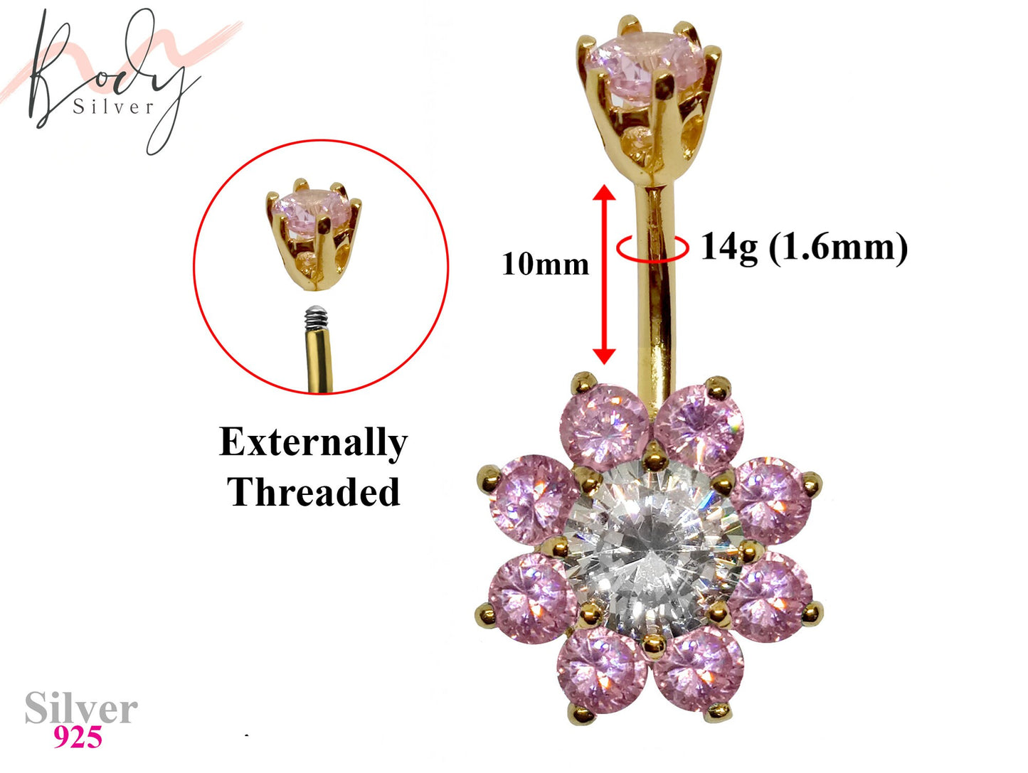 Gold Plated Beautiful Flower Belly Rings with CZ Crystals - Designer Belly Button Rings - Belly Bar - 14g (1.6mm) Length is 10mm