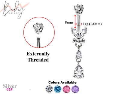 Designer Belly Rings- Silver - Butterfly and Water drop dangle Design Belly Bars with CZ Crystals - Belly Button - 14g (1.6mm) Length is 8mm