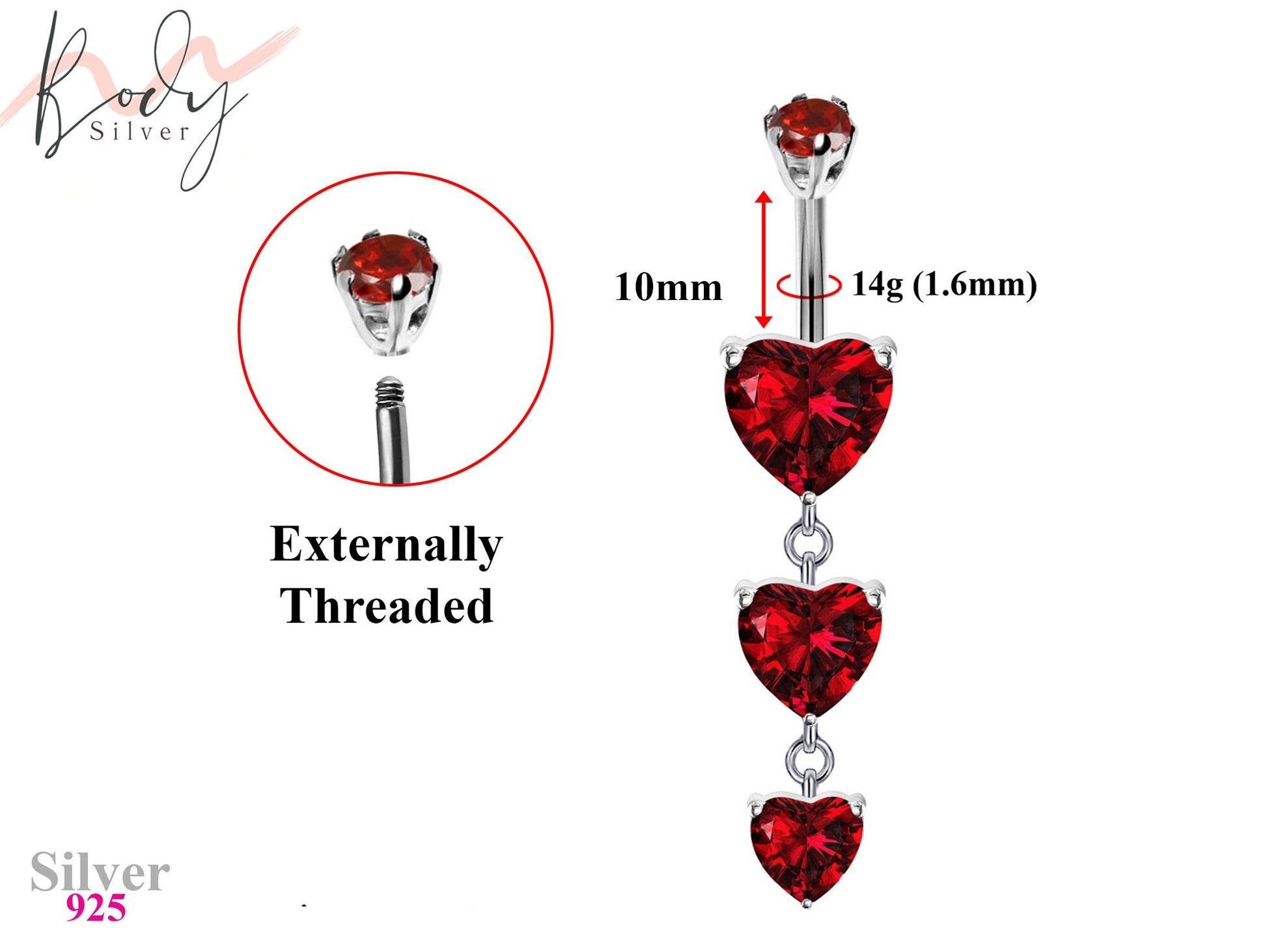 Designer Belly Bars - Silver - Triple drop dangle Heart Design Belly Ring with CZ Crystals - Belly Button Ring - 14g (1.6mm) Length is 10mm