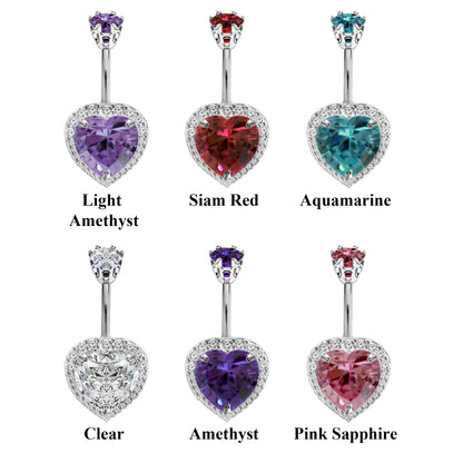 Designer Belly Button Rings- Silver - Heart Design Belly Bars with studded CZ Crystals - Navel Ring - 14g (1.6mm)