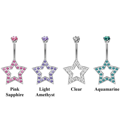 Designer Belly Rings- Silver - Super Star Design Belly Bars with CZ Crystals - Navel Ring - 14g (1.6mm) Length is 10mm