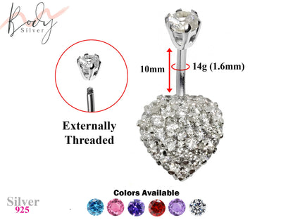 Designer Belly Ring - Silver Heart Belly Bars with studded CZ Crystals - Belly Button Ring - 14g (1.6mm) Length is 10mm