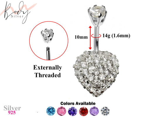 Designer Belly Ring - Silver Heart Belly Bars with studded CZ Crystals - Belly Button Ring - 14g (1.6mm) Length is 10mm