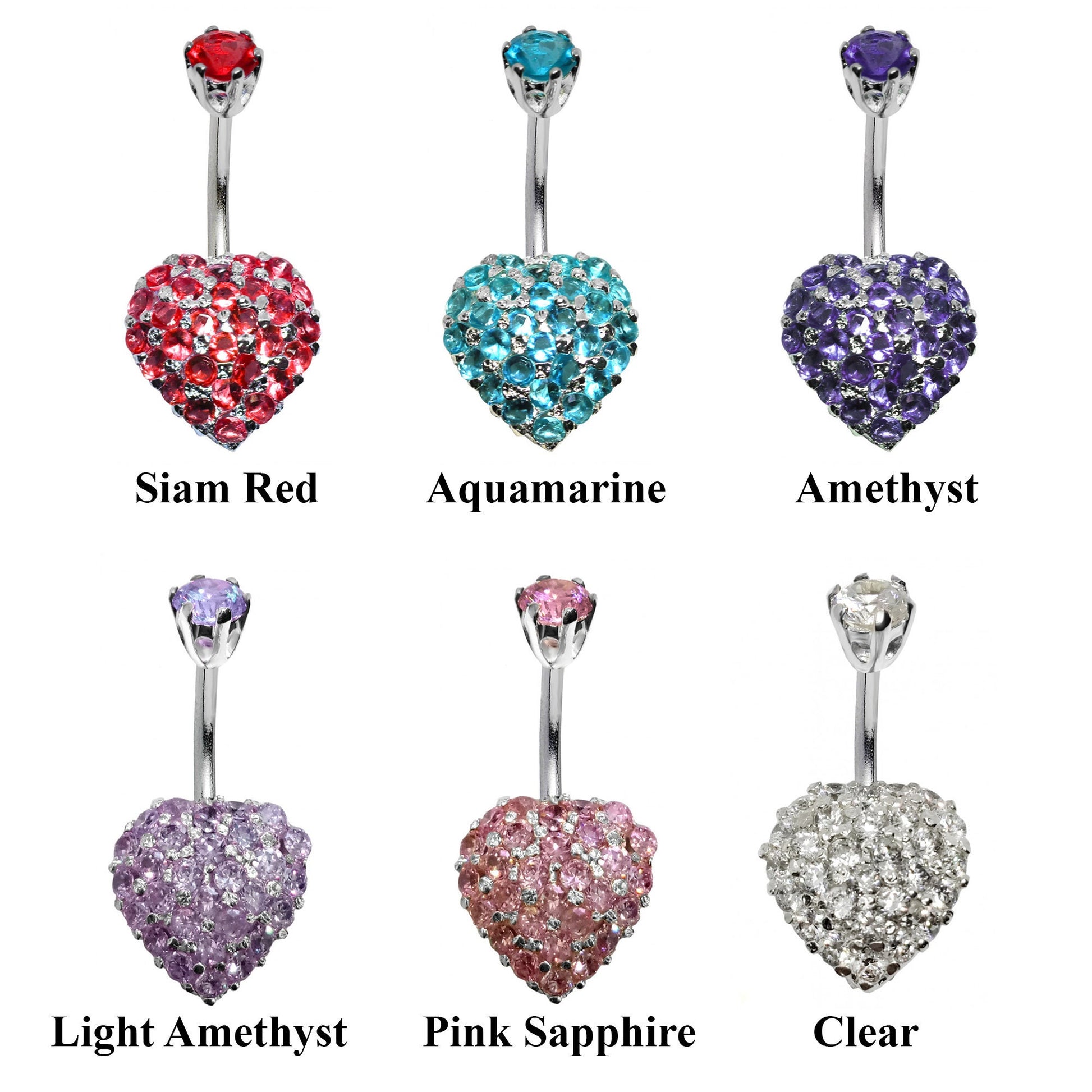 Designer Belly Ring - Silver Heart Belly Bars with studded CZ Crystals - Belly Button Ring - 14g (1.6mm) Length is 10mm